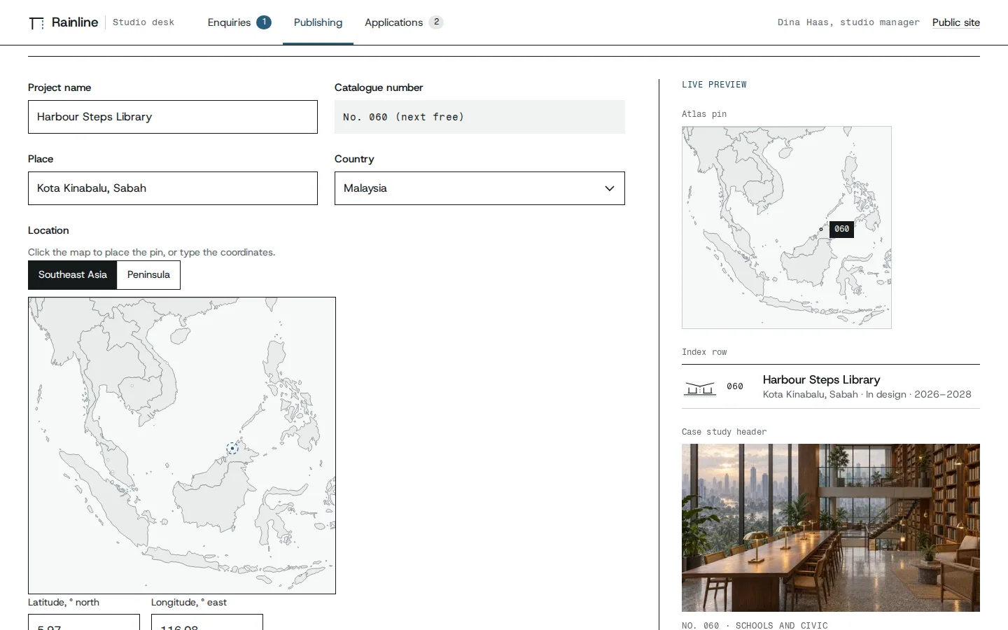 Publishing a new project with a map pin picker and a live preview of its atlas entry, Rainline Architects concept prototype