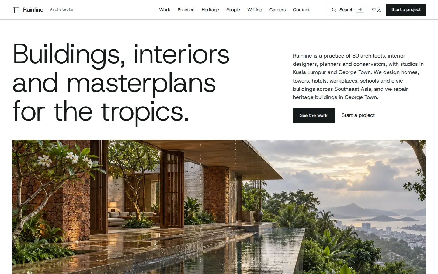 Rainline Architects concept homepage, Buildings, interiors and masterplans for the tropics, over a house visualisation