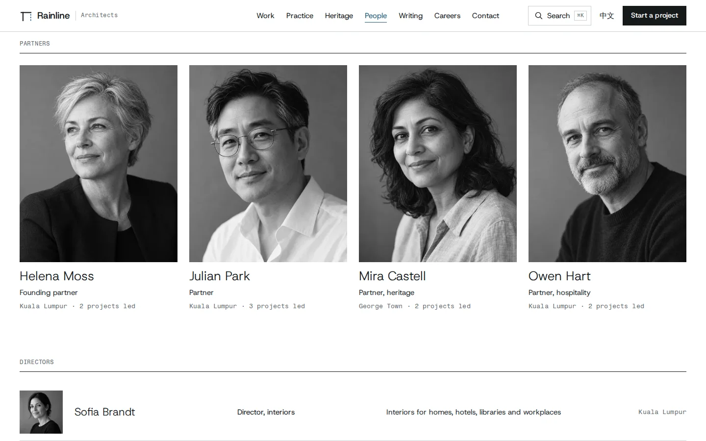 Architecture practice people page with black-and-white sample portraits of four partners, Rainline concept prototype