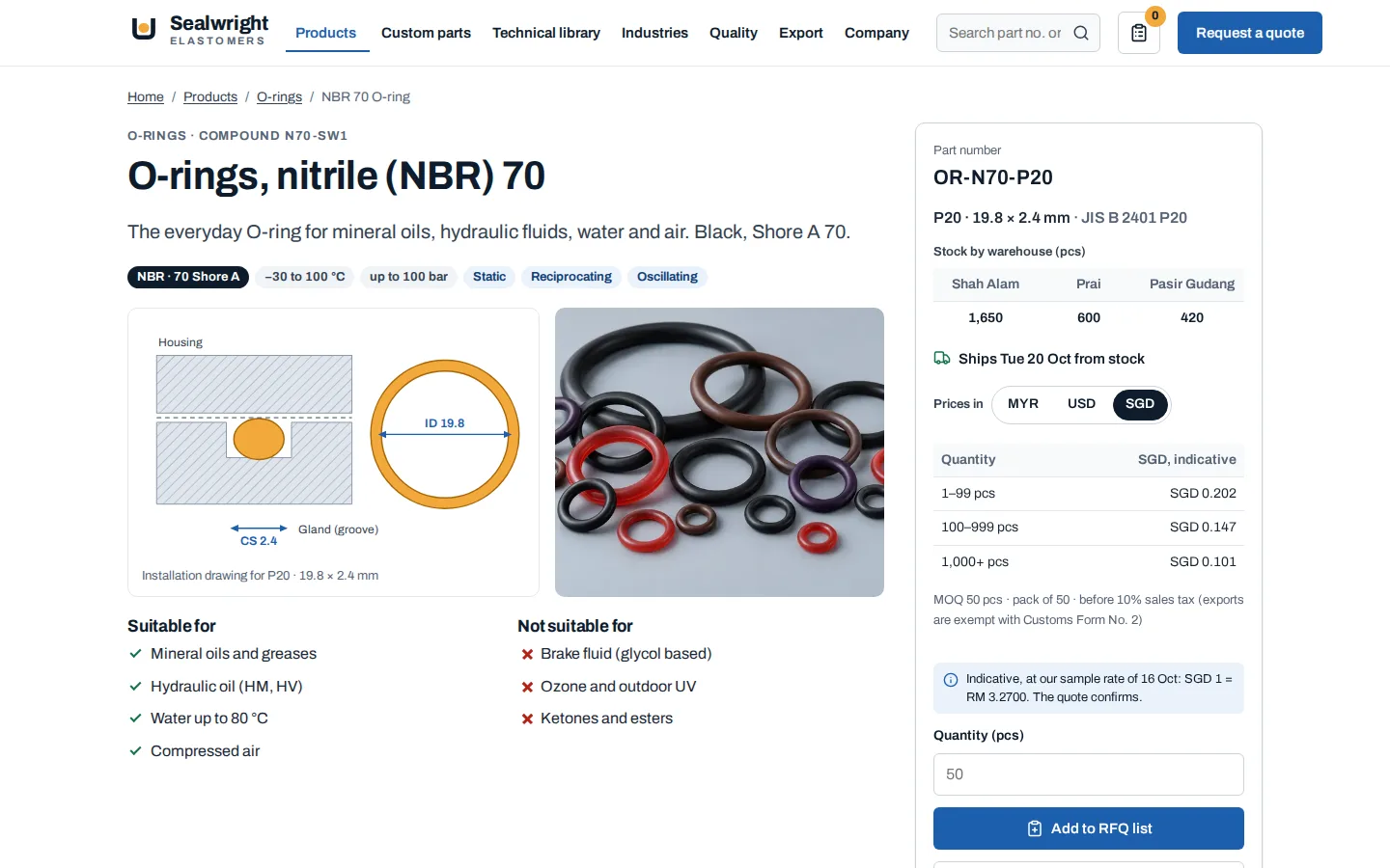O-ring product page with prices switched to SGD, an indicative exchange-rate note and stock in three warehouses, Sealwright concept prototype