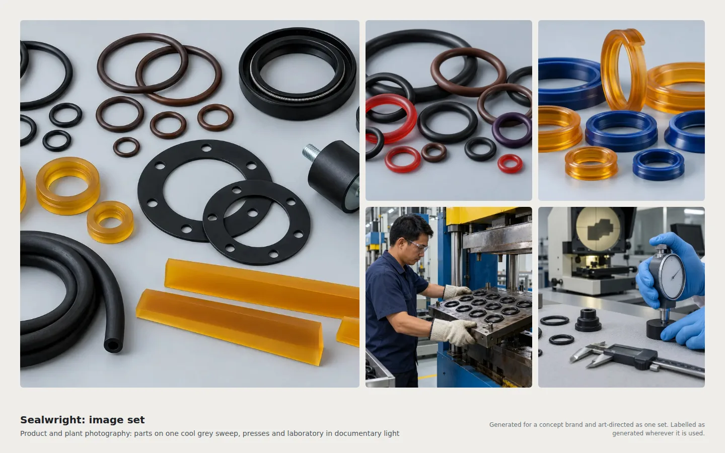 Sealwright image set, generated for the concept: O-rings, seals, gaskets and hose on a grey sweep, coloured O-rings, polyurethane seals, an operator at a press and a hardness test in the laboratory