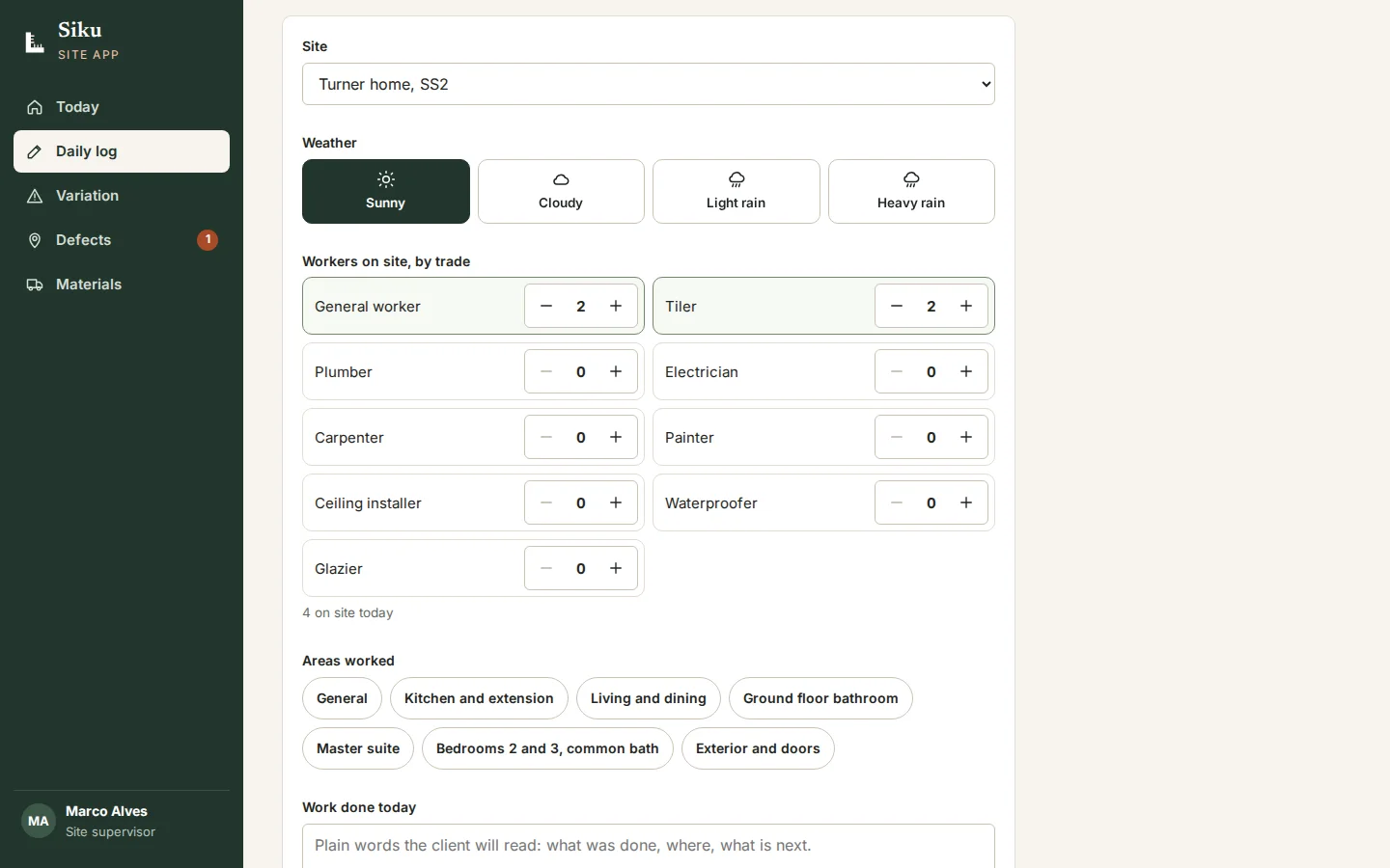 Site app: daily log