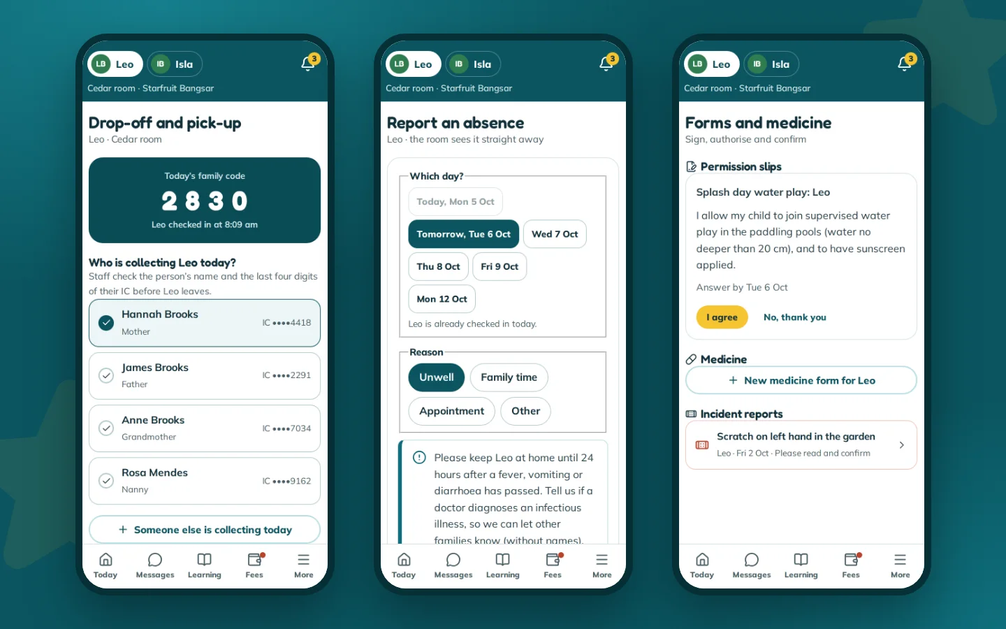 Pick-up, absences and forms