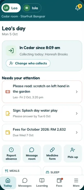 Starfruit parent app on a phone: a child’s day, who is collecting and what needs the parent’s attention, concept prototype