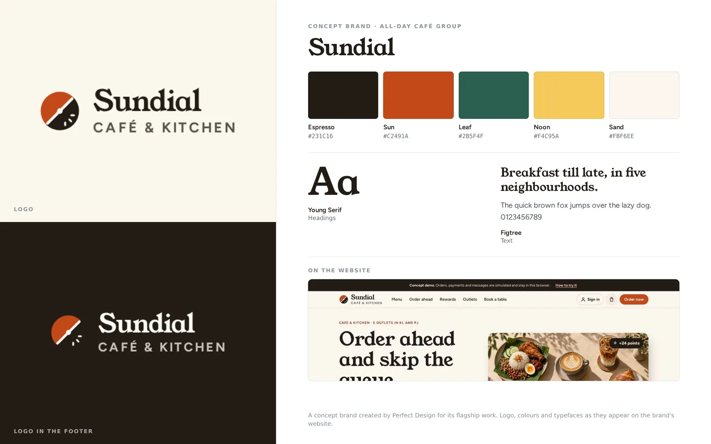 Sundial brand board: the logo on light and dark, five brand colours with their names and hex codes, the heading and text typefaces, and the brand’s website