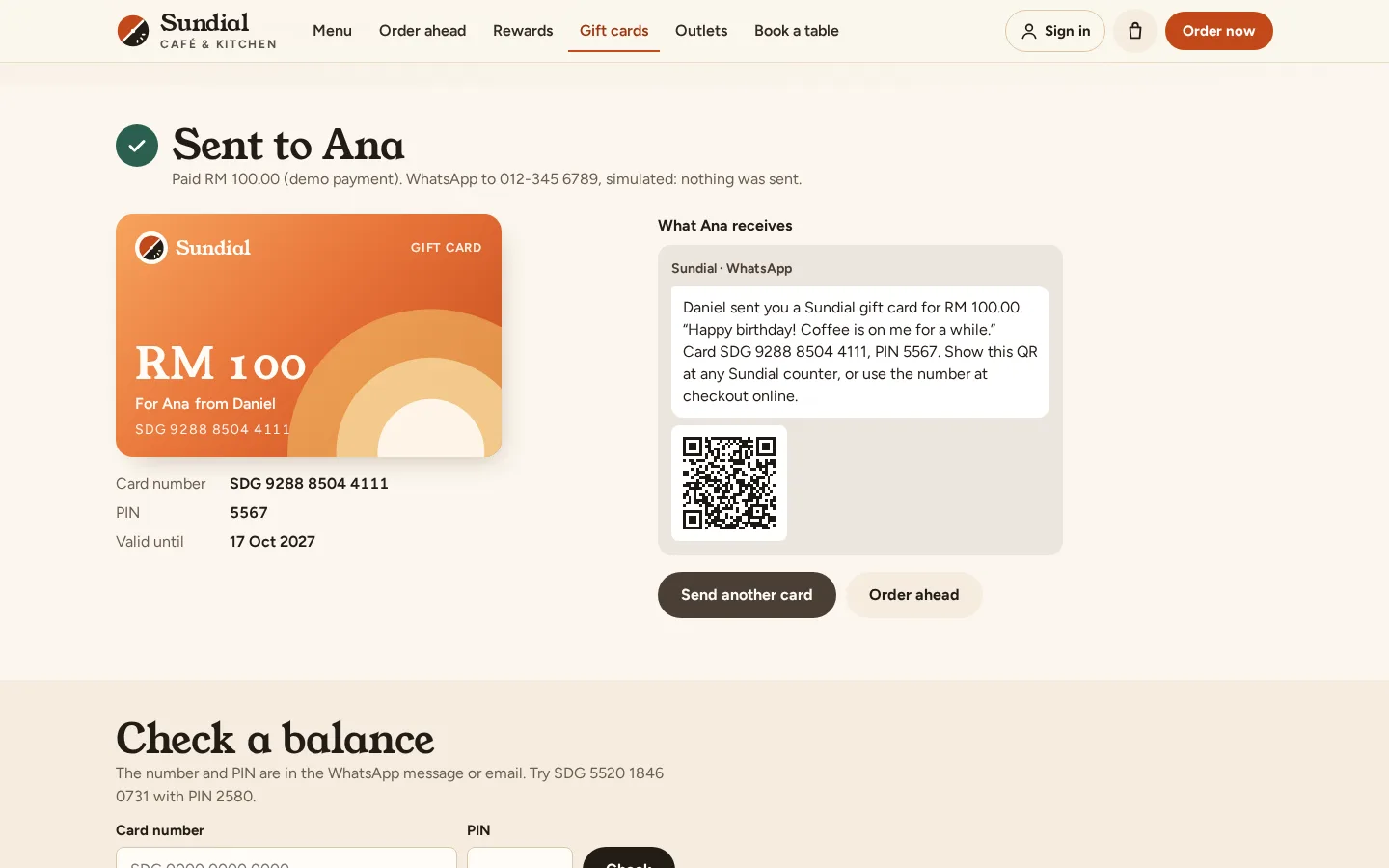 Gift card sent by WhatsApp: a RM 100 card with its number, PIN and QR code, and the message the friend receives, Sundial concept prototype
