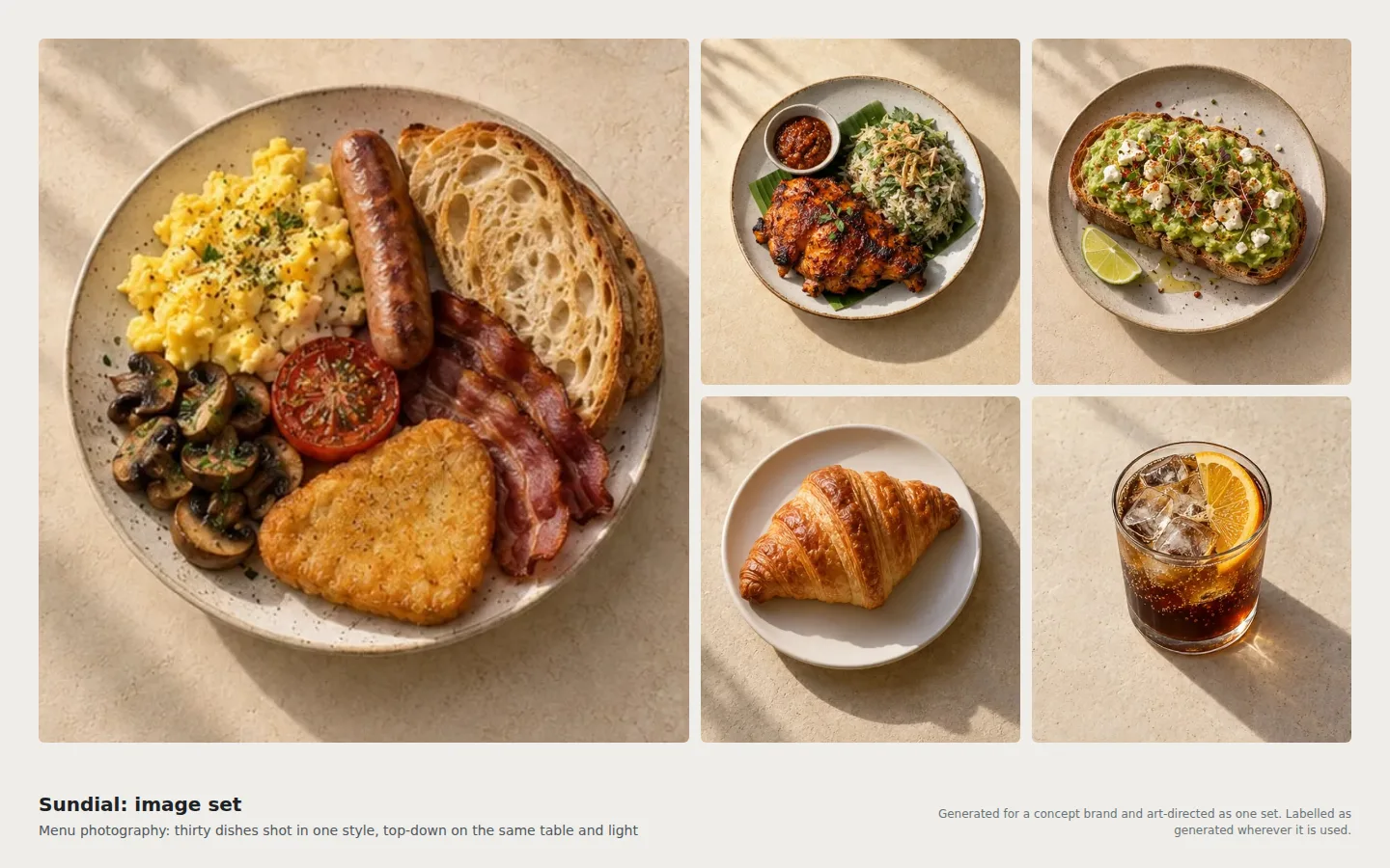 Sundial image set, generated for the concept: a full breakfast plate, grilled chicken with rice, avocado toast, a croissant and an iced drink, all shot top-down on the same warm table