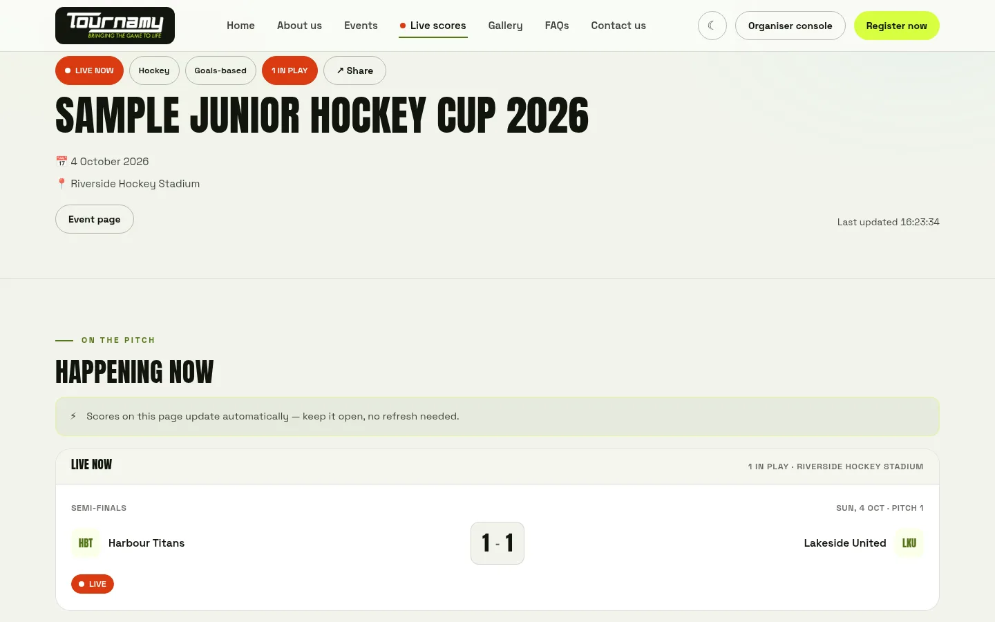 A Tournamy live page with a semi-final in play and a note that scores update automatically
