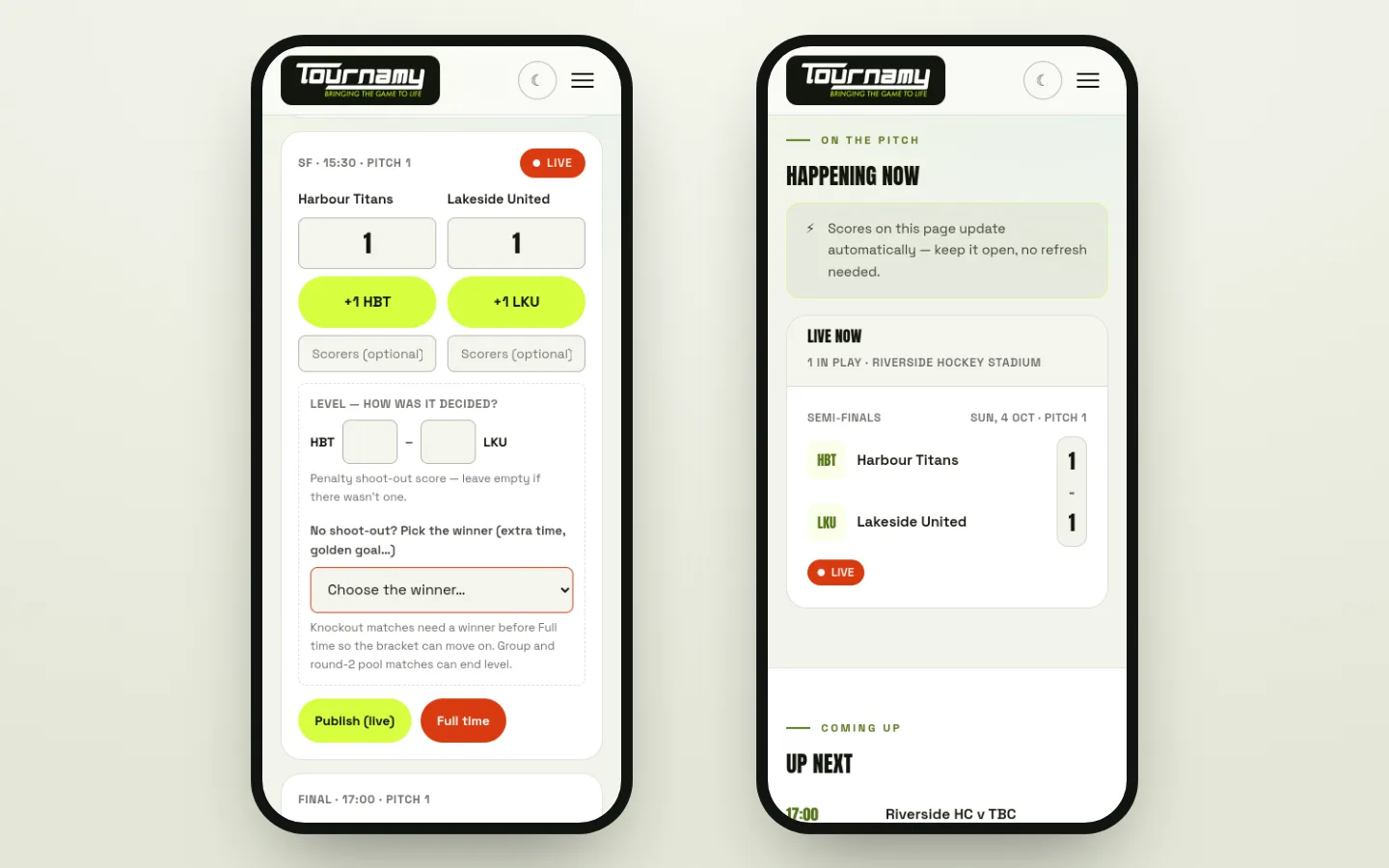 Two phones: the organiser’s scoring desk with a semi-final in play, and the public live page showing the same score