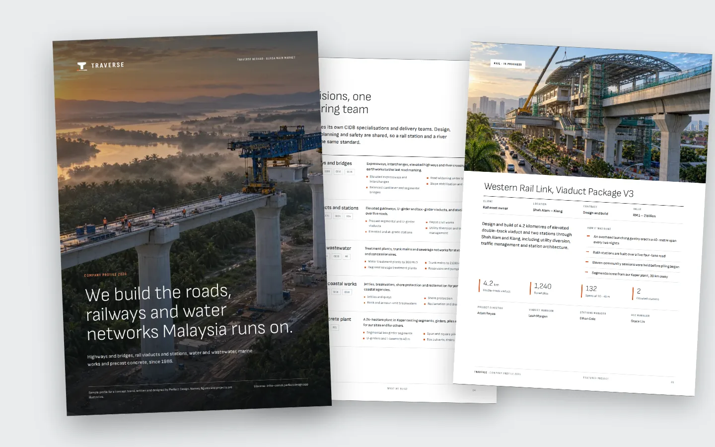 Three pages of the sample Traverse company profile: the cover with a rail viaduct at dawn, the divisions page and a featured rail project