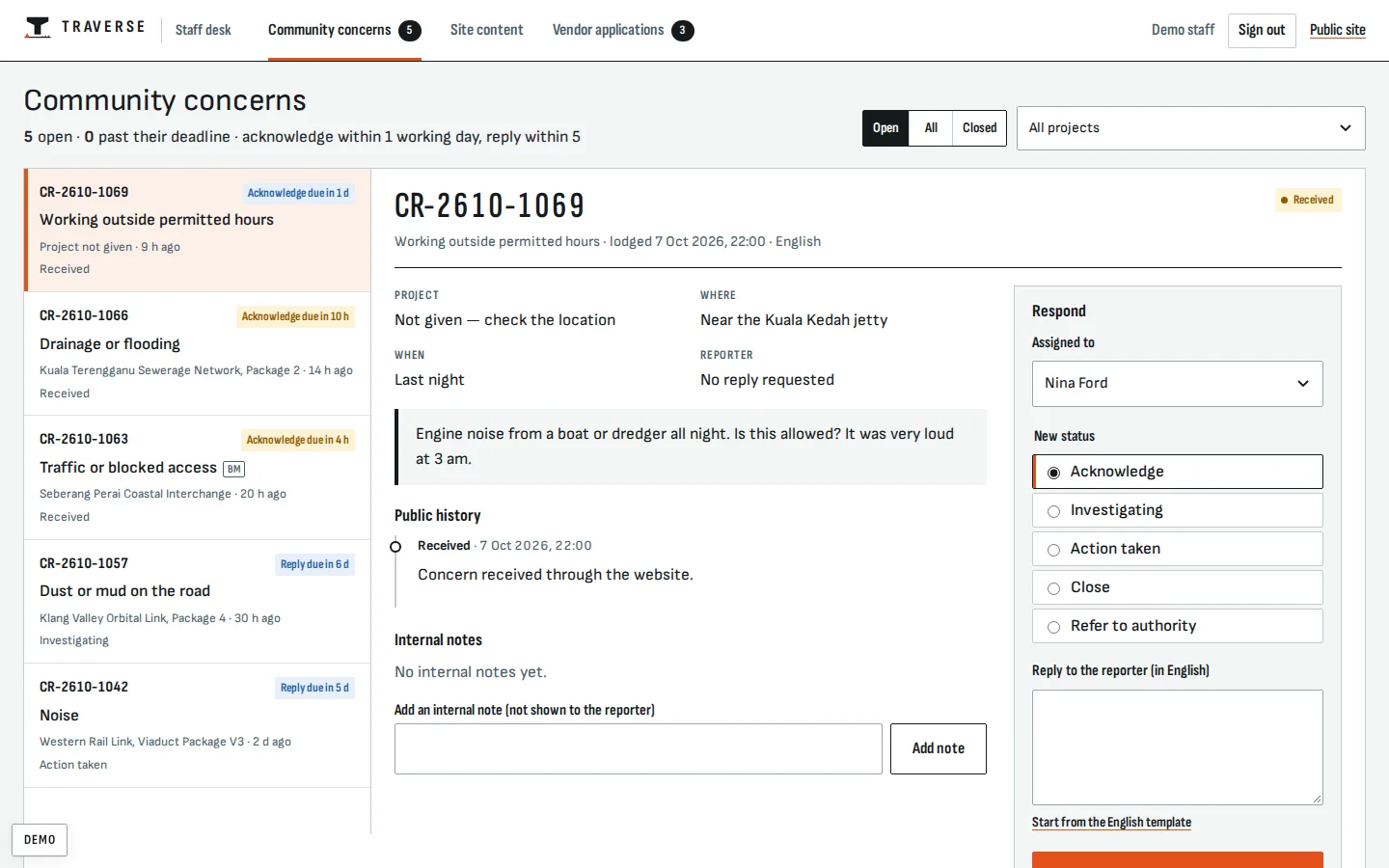Community-relations desk answering a resident’s concern with status, internal notes and a reply, Traverse concept prototype