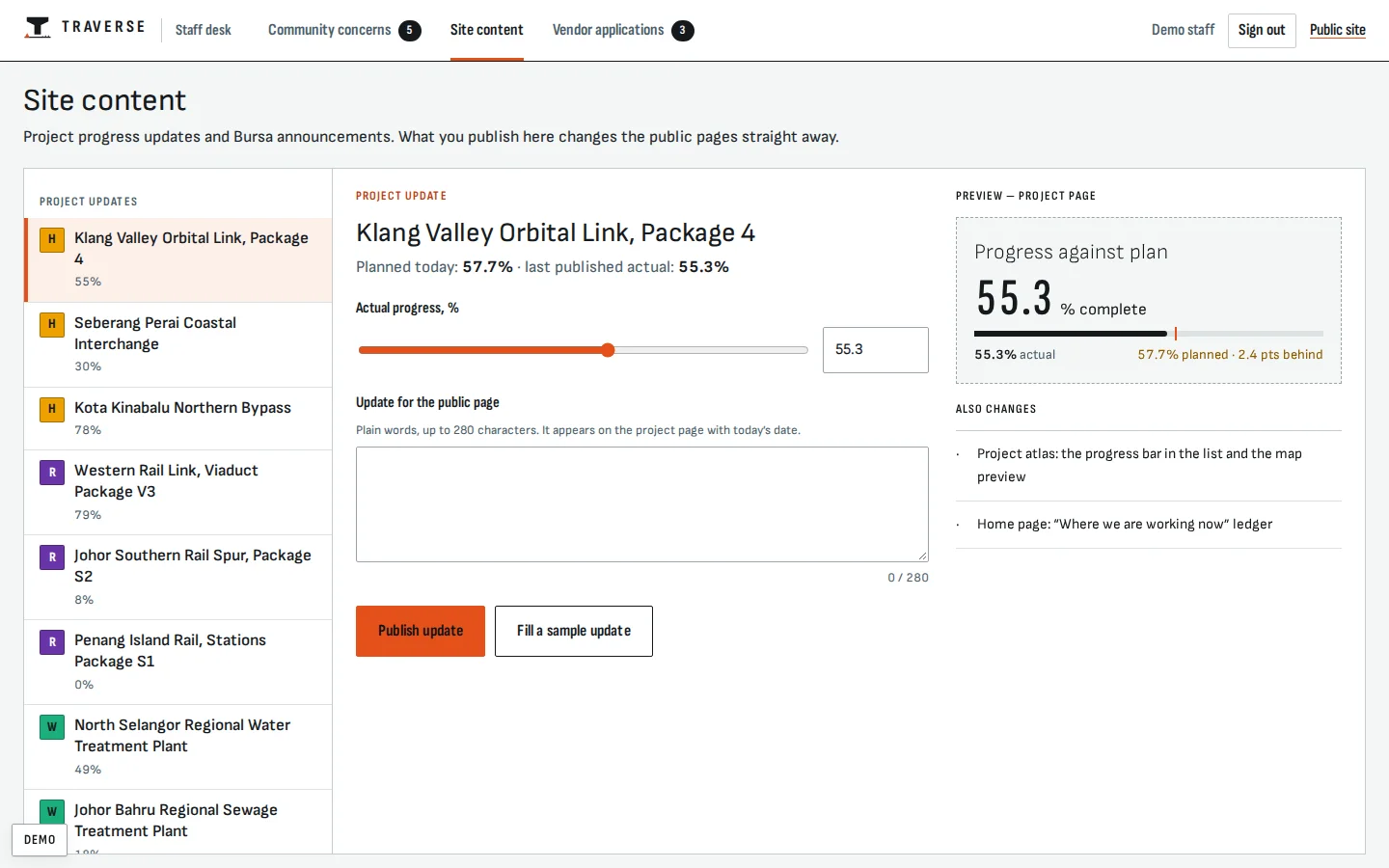 Staff content desk updating a project’s progress with a live preview of the public page, Traverse concept prototype