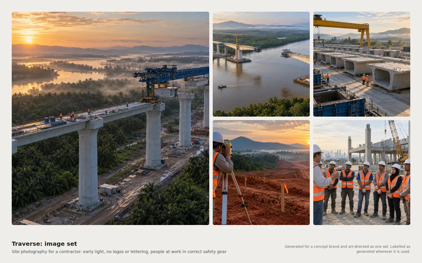 Traverse image set, generated for the concept: a rail viaduct at dawn with a launching gantry, a river bridge, a precast yard, a surveyor and a site safety briefing