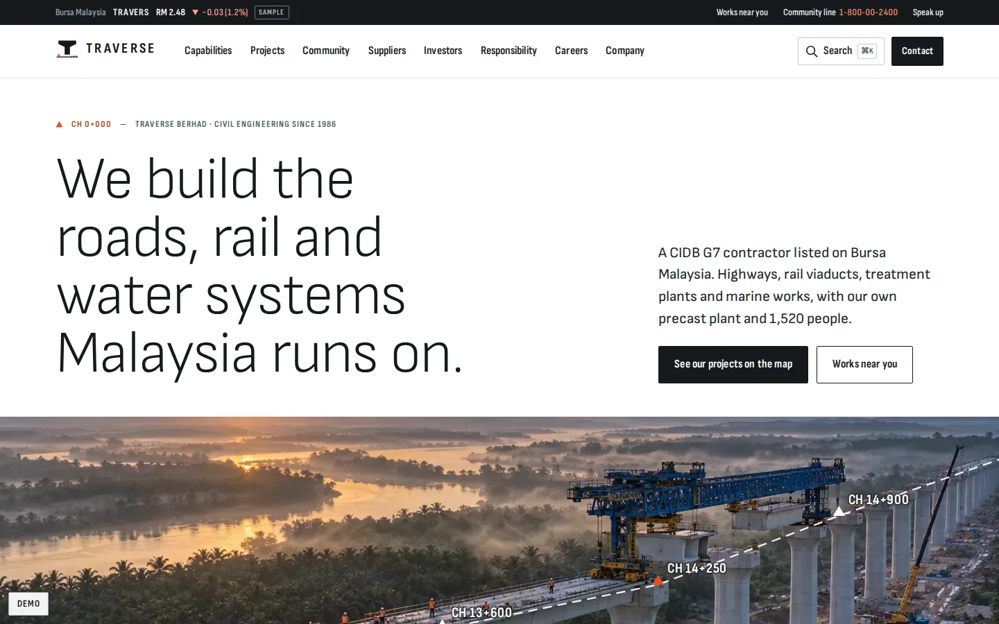 Civil engineering contractor homepage, We build the roads, rail and water systems Malaysia runs on, Traverse concept