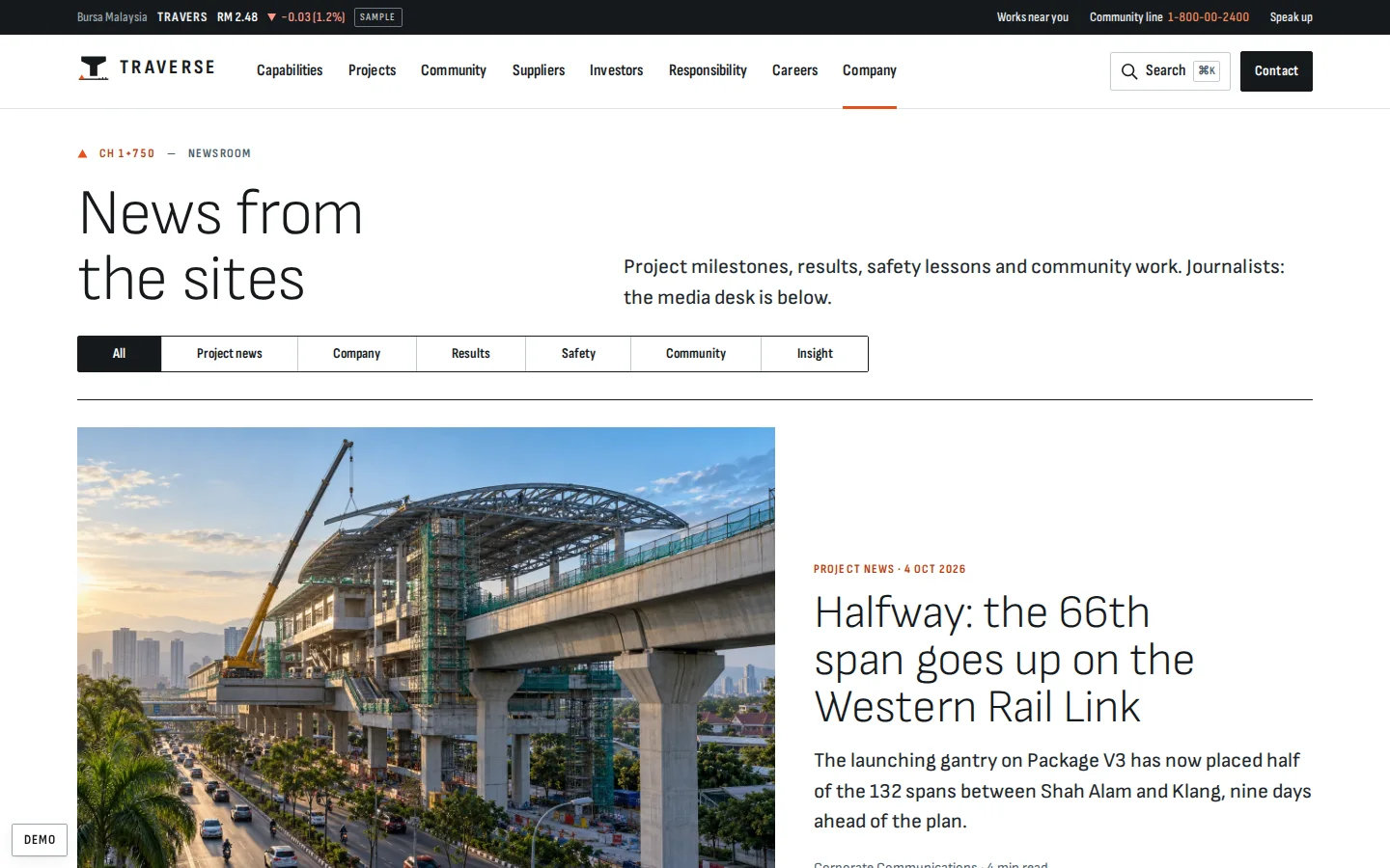 Construction newsroom with a lead story on a rail viaduct reaching its halfway span, Traverse concept prototype