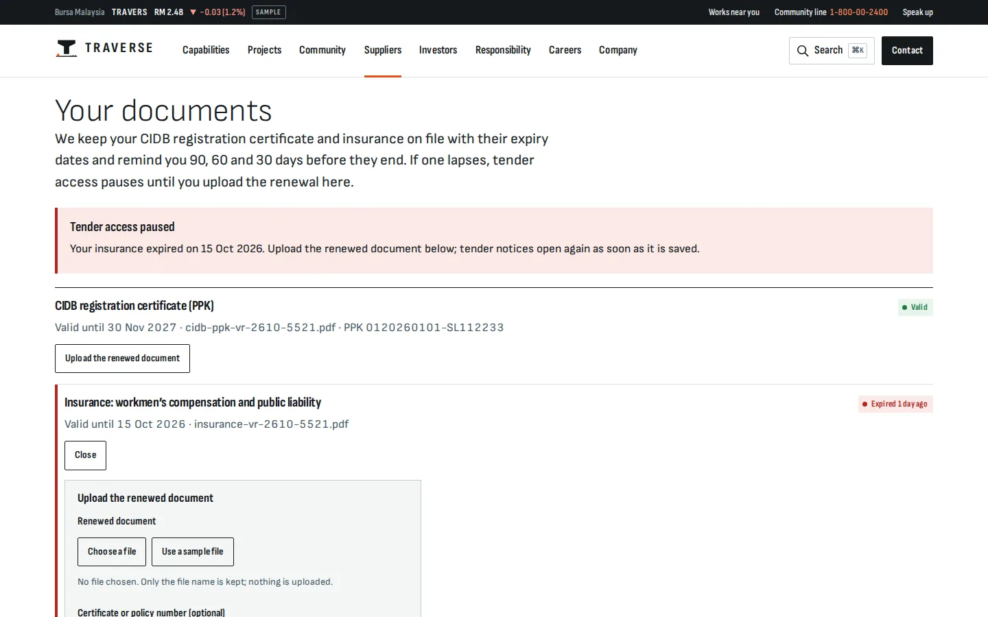 Vendor documents page with a CIDB certificate valid and an insurance policy expired, pausing tender access until the renewal is uploaded, Traverse concept prototype