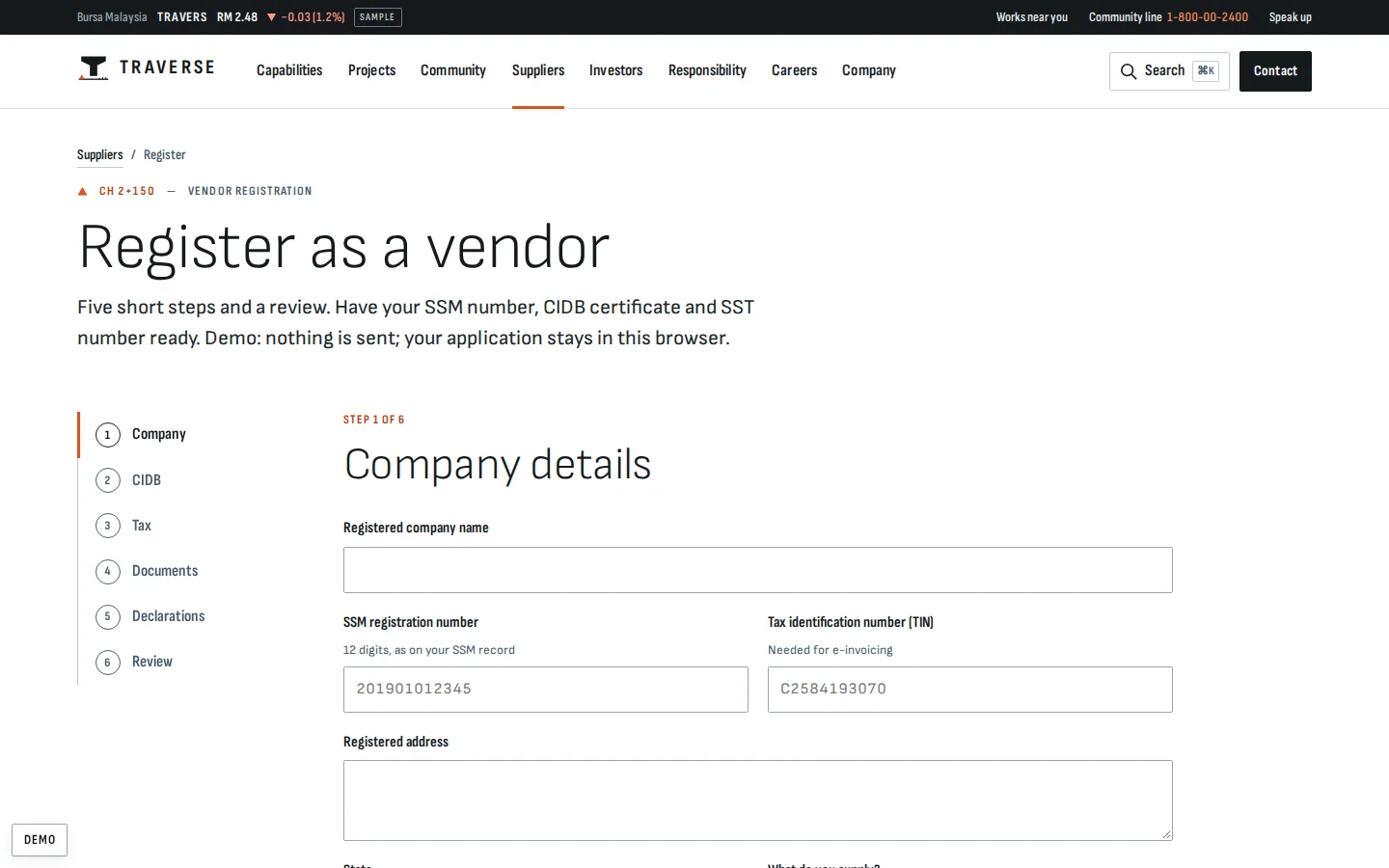 Vendor registration, step 1 of 6: company details, SSM and tax numbers, Traverse contractor concept prototype