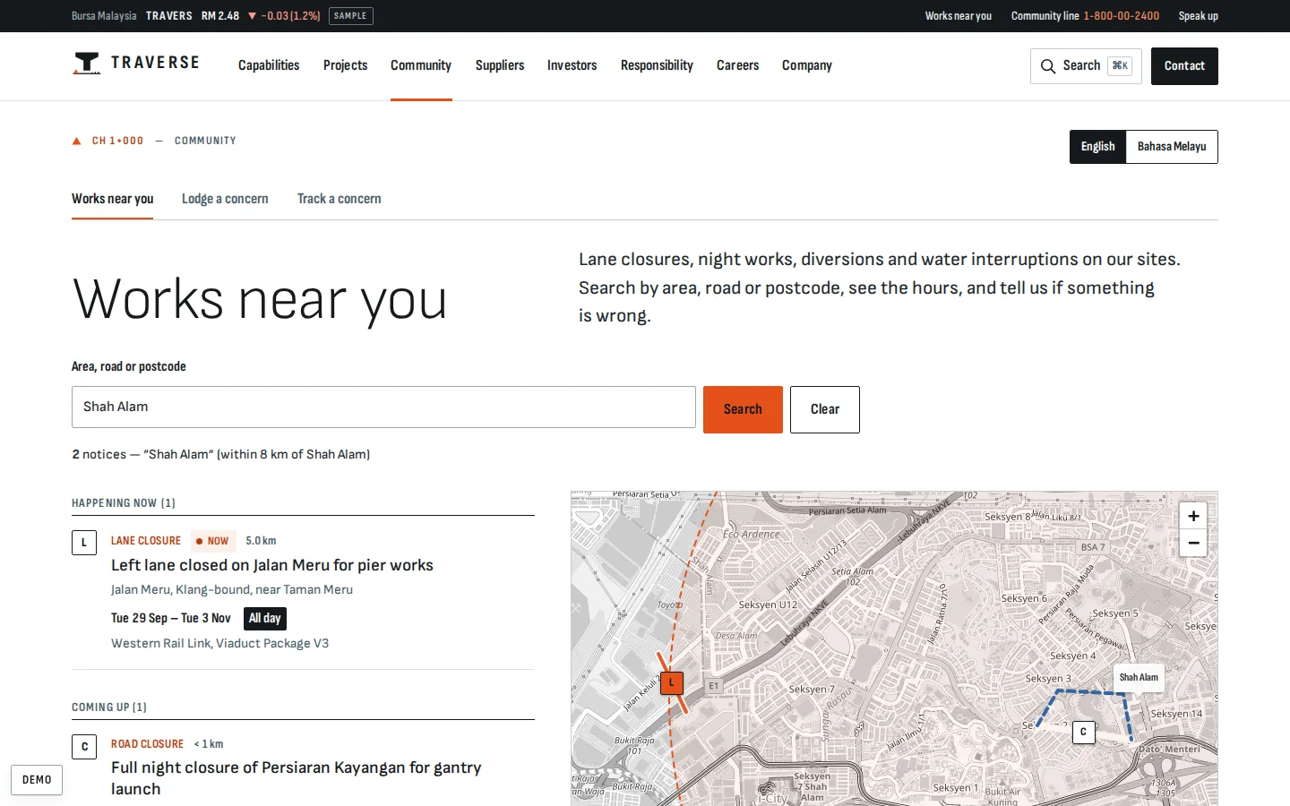 Works near you: lane closures and night works found by area, listed beside a map, Traverse concept prototype
