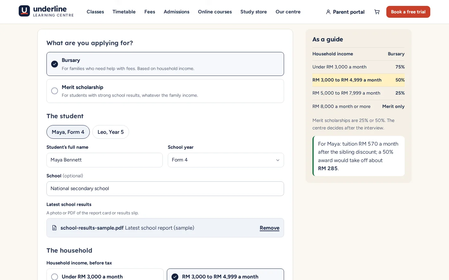 Bursary application form with the student, school results upload and household income, beside the award guide by income band, Underline concept prototype